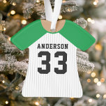 Gepersonaliseerde Groene Baseball Jersey Ornament<br><div class="desc">Vier je honkbalster met dit gepersonaliseerde groene en witte streepjesjersey-ornament. Perfect voor het herdenken van een speciaal seizoen,  speler of team. Pas het aan met een naam en nummer om een unieke aandenken te creëer.</div>