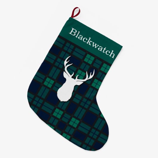 Gepersonaliseerde Groene Blackwatch Tartan Deer Grote Kerstsok (Voorkant (Hangend))
