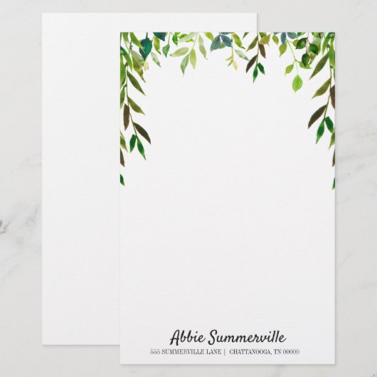 Gepersonaliseerde groene bladeren op wit ongeëvena briefpapier (Voorkant / Achterkant)