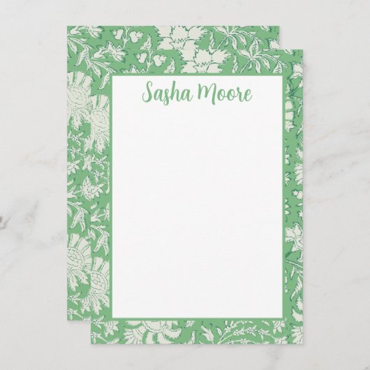 Gepersonaliseerde Groene Bloemen Blok Print Statio Bedankkaart (Voorkant / Achterkant)