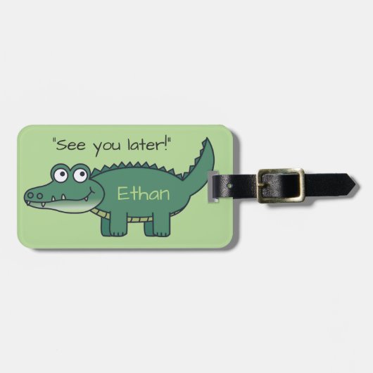 Gepersonaliseerde Groene Cartoon Alligator Bagagelabel (Voorkant horizontaal)