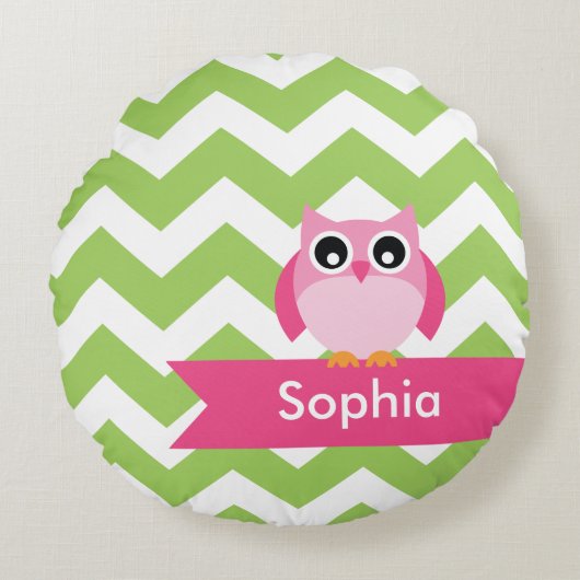 Gepersonaliseerde Groene Chevron Pink Owl Rond Kussen (Voorkant)