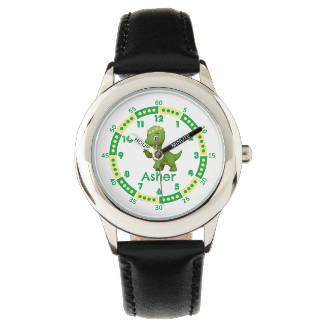 Gepersonaliseerde Groene Dinosaurus Jongens Tijd L Horloge (Voorkant)