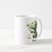 Gepersonaliseerde groene dinosaurus met bloem koffiemok (Voorkant rechts)