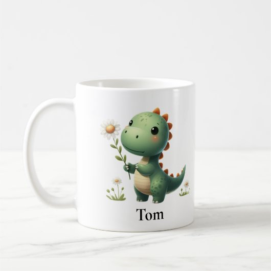 Gepersonaliseerde groene dinosaurus met bloem koffiemok (Links)