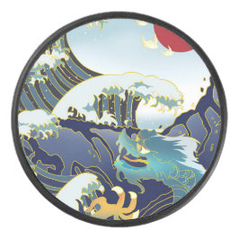 Gepersonaliseerde groene draak blauwe golf rode zo hockey puck