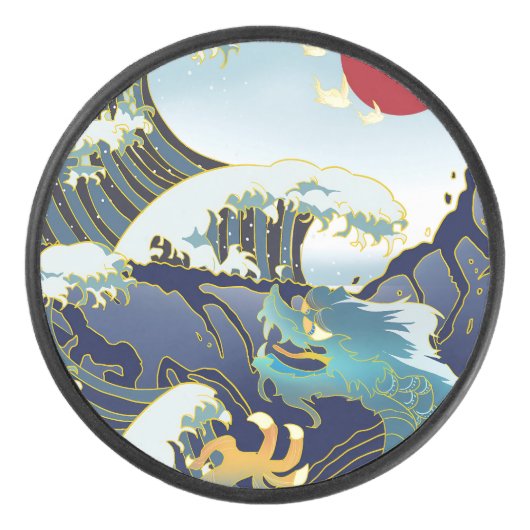 Gepersonaliseerde groene draak blauwe golf rode zo hockey puck (Voorkant)