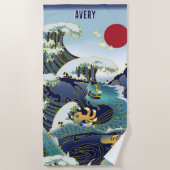 Gepersonaliseerde groene draak blauwe golf rode zo strandlaken (Voorkant)