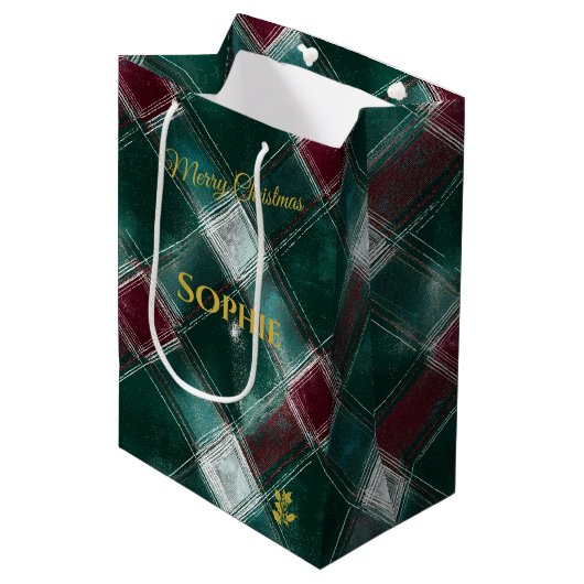 Gepersonaliseerde groene en Bourgondische Plaid Ke Medium Cadeauzakje (Voorkant Gekanteld)