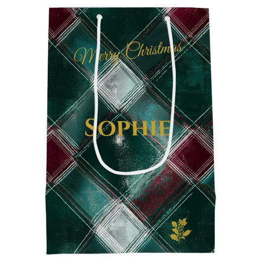 Gepersonaliseerde groene en Bourgondische Plaid Ke Medium Cadeauzakje (Achterkant)