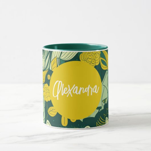 Gepersonaliseerde groene en gele kat op zondag mok (Midden)