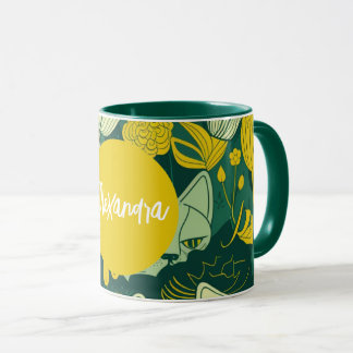 Gepersonaliseerde groene en gele kat op zondag mok