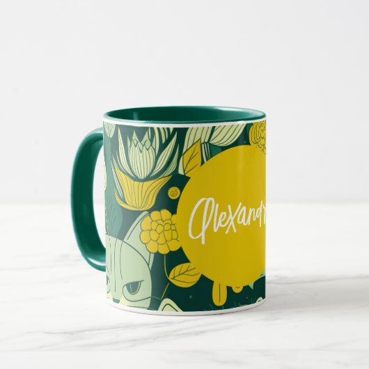 Gepersonaliseerde groene en gele kat op zondag mok (Voorkant links)