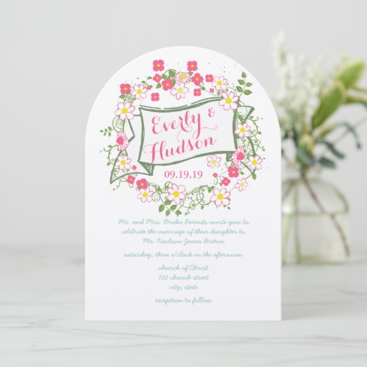 Gepersonaliseerde groene en roze Garland Wedding Kaart (Staand voorkant)