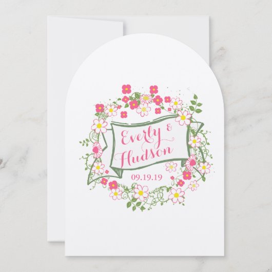 Gepersonaliseerde groene en roze Garland Wedding Kaart (Achterkant)