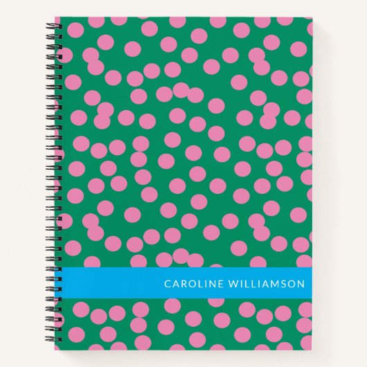 Gepersonaliseerde Groene en Roze Polka Dot Stijlvo Notitieboek (Voorkant)