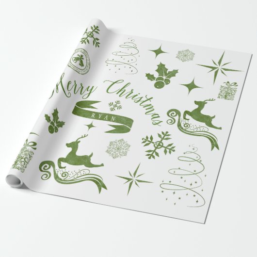 Gepersonaliseerde  groene en witte kerstverpakking cadeaupapier (Uitgerold)