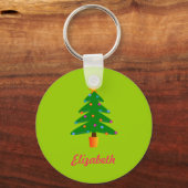 Gepersonaliseerde groene feestelijke kerstboom sleutelhanger (Voorkant)