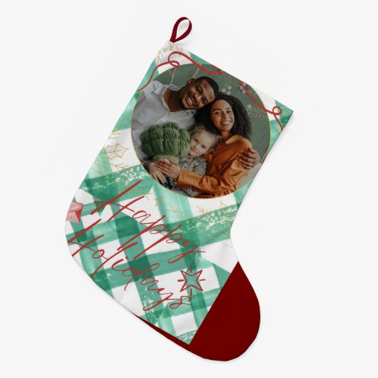 Gepersonaliseerde groene gingham grote kerstsok (Voorkant (Hangend))