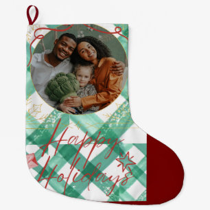 Gepersonaliseerde groene gingham grote kerstsok