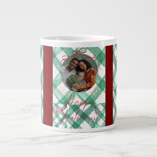 Gepersonaliseerde groene gingham kerst grote koffiekop (Voorkant)