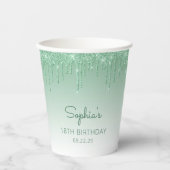 Gepersonaliseerde Groene Glitter Drip 18e Verjaard Papieren Bekers (Voorkant)