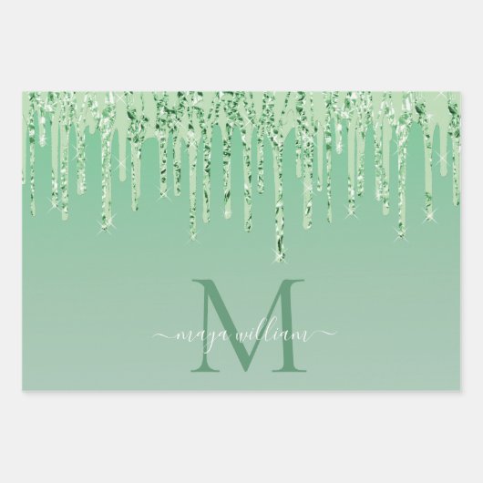 Gepersonaliseerde groene glitter druppels inpakpapier vel (Voorkant 2)