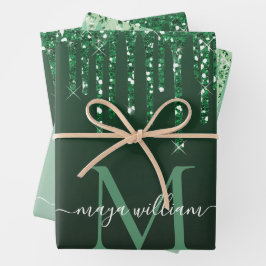 Gepersonaliseerde groene glitter druppels inpakpapier vel