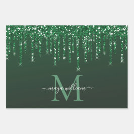 Gepersonaliseerde groene glitter druppels inpakpapier vel