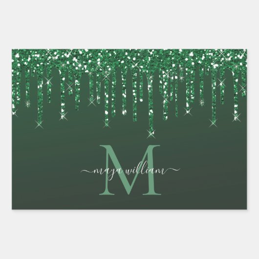 Gepersonaliseerde groene glitter druppels inpakpapier vel (Voorkant)