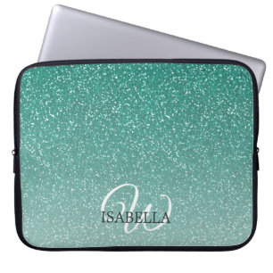 Gepersonaliseerde groene Glitter Ombre Name Monogr Laptop Sleeve