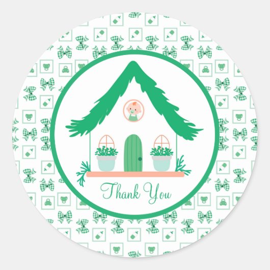 Gepersonaliseerde Groene Huis Dank u Baby shower Ronde Sticker (Voorkant)