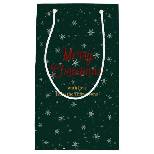 Gepersonaliseerde groene kerst sneeuwvlokken klein cadeauzakje (Voorkant)