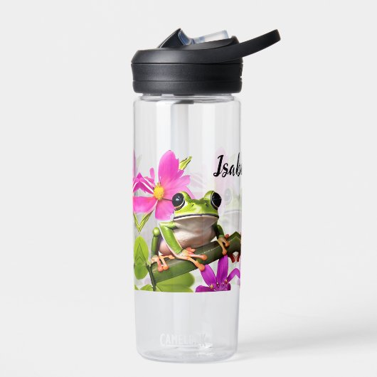 Gepersonaliseerde groene kikker omringd door roze  waterfles (Links)