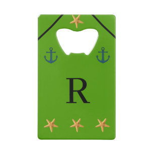 Gepersonaliseerde groene kustanker zeesterren creditkaart flessenopener