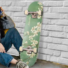 Gepersonaliseerde groene lente witte bloemen skate persoonlijk skateboard