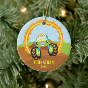 Gepersonaliseerde Groene Monster Truck Boy Kerstmi Keramisch Ornament