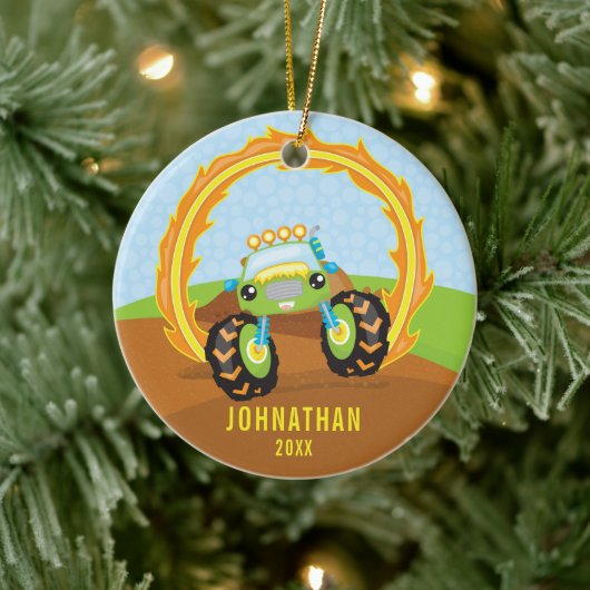Gepersonaliseerde Groene Monster Truck Boy Kerstmi Keramisch Ornament (Boom)