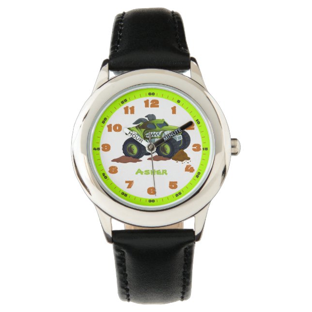 Gepersonaliseerde Groene Monster Truck Educatief Horloge (Voorkant)
