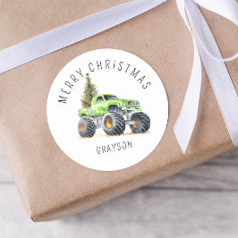 Gepersonaliseerde Groene Monster Truck Kerstcadeau Ronde Sticker