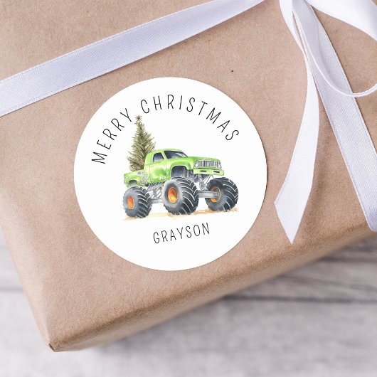 Gepersonaliseerde Groene Monster Truck Kerstcadeau Ronde Sticker