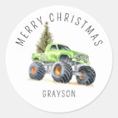 Gepersonaliseerde Groene Monster Truck Kerstcadeau Ronde Sticker (Voorkant)