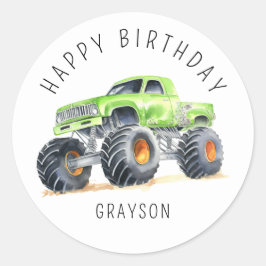 Gepersonaliseerde Groene Monster Truck Verjaardags Ronde Sticker