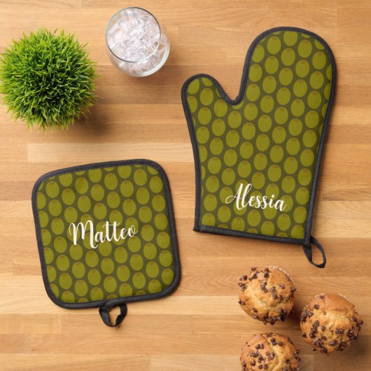 Gepersonaliseerde groene olijf keuken ovenwant & pannenlap set (Top down)