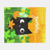 Gepersonaliseerde groene Oranje Floral Black Cat Fleece Deken (Voorkant (Horizontaal))