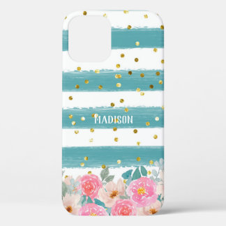 Gepersonaliseerde groene stripes Floral Sparkles Case-Mate iPhone Case