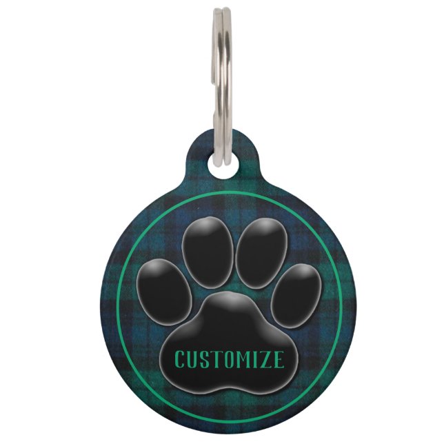 Gepersonaliseerde groene Tartan Black Paw Print Huisdierpenning (Voorkant)