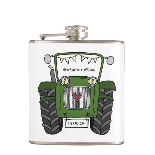 Gepersonaliseerde groene tractor land bruiloft cad heupfles (Voorkant)