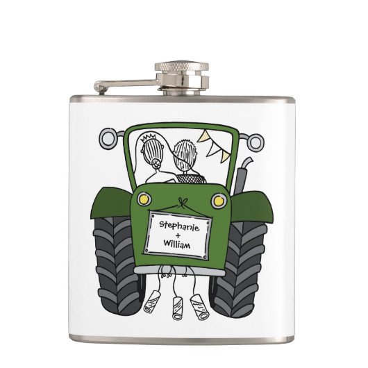 Gepersonaliseerde groene tractor land bruiloft cad heupfles (Voorkant)