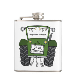 Gepersonaliseerde groene tractor land bruiloft cad heupfles